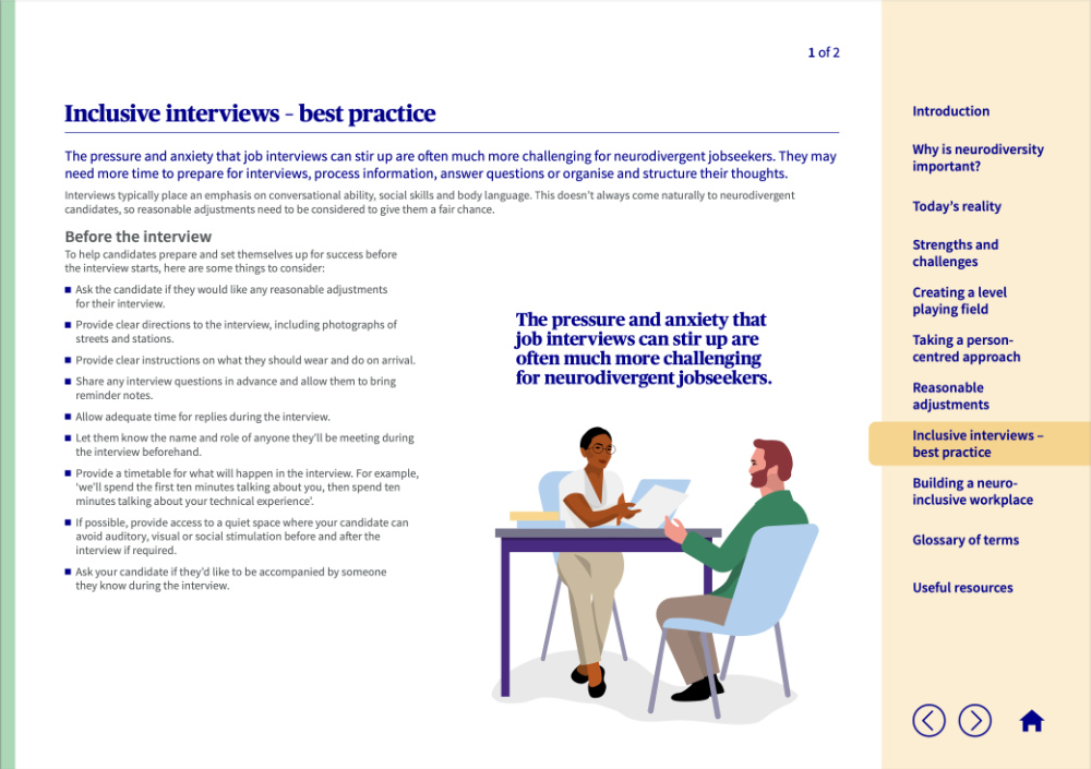 Title: Inclusive interviews – best practice The pressure and anxiety that job interviews can stir up are often much more challenging for neurodivergent jobseekers. They may need more time to prepare for interviews, process information, answer questions or organise and structure their thoughts. TTS users please scroll down to the flip book