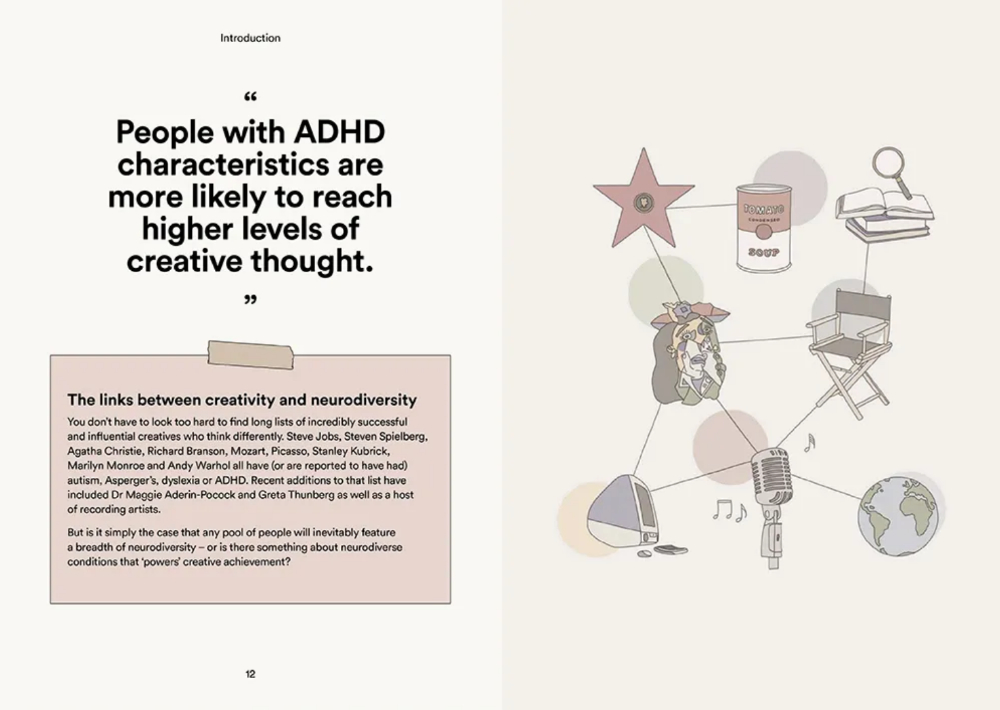 Inside page of the book titled Creative Differences reading 'People with ADHD characteristics are more likely to reach higher levels of creative thought