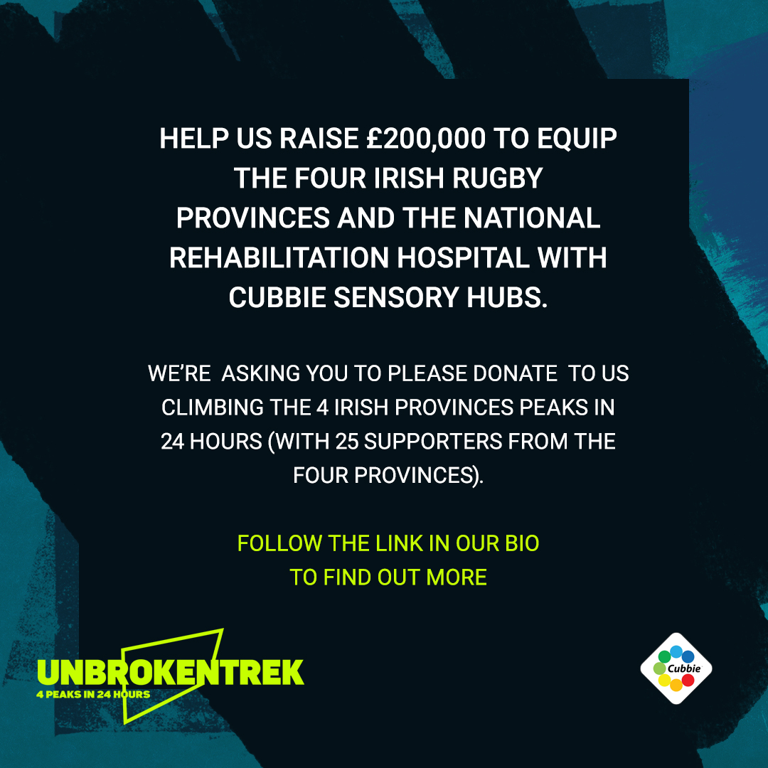 Unbroken Trek promotional post featuring a focused rugby player at the top, with bold text reading 'Help Make Rugby More Inclusive. Support Our Unbroken Trek with Fergus Farrell & Friends.' Instructions to follow the bio link for more info and donations. The Cubbie logo signifies partnership.