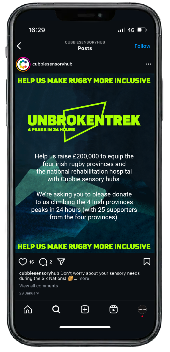 Unbroken Trek Instagram post with text describing the goal to raise £200,000 to equip Irish rugby provinces and a rehabilitation hospital with sensory hubs. Highlights the 4 peaks challenge and invites donations to support inclusion.