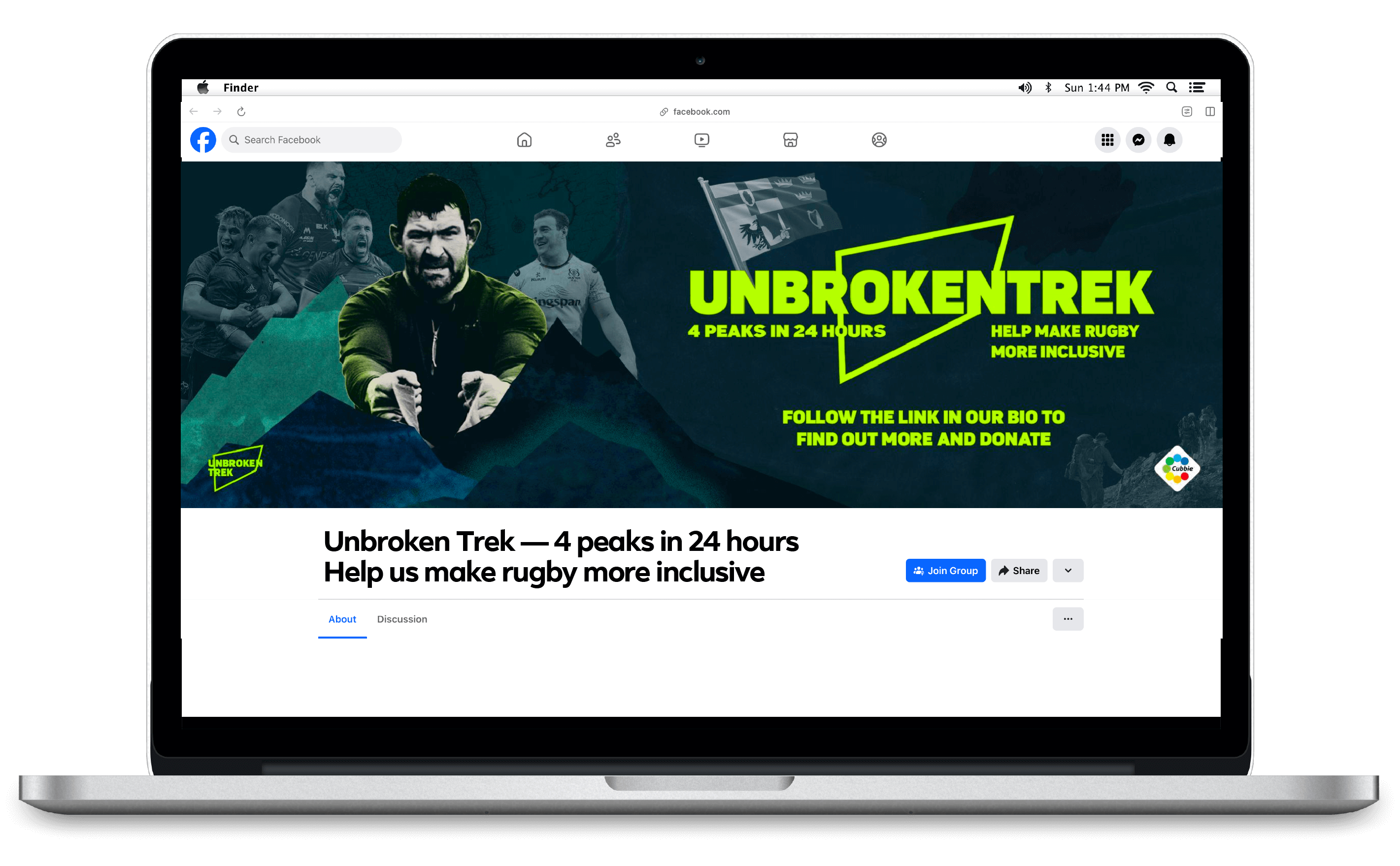 A Facebook page mockup on a laptop screen featuring the Unbroken Trek event banner. The banner shows a rugby player in focus with intense expressions, surrounded by images of teammates celebrating. Bold neon-green text reads 'UNBROKENTREK – 4 Peaks in 24 Hours' with 'Help Make Rugby More Inclusive' and a prompt to follow the link to donate. The Cubbie logo is displayed in the corner, indicating partnership.