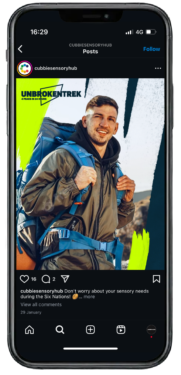 Instagram post for Unbroken Trek, showing a smiling hiker with a backpack, symbolizing readiness for the trek. Bright neon-green accents and the event logo emphasize the inclusive goal of the challenge.