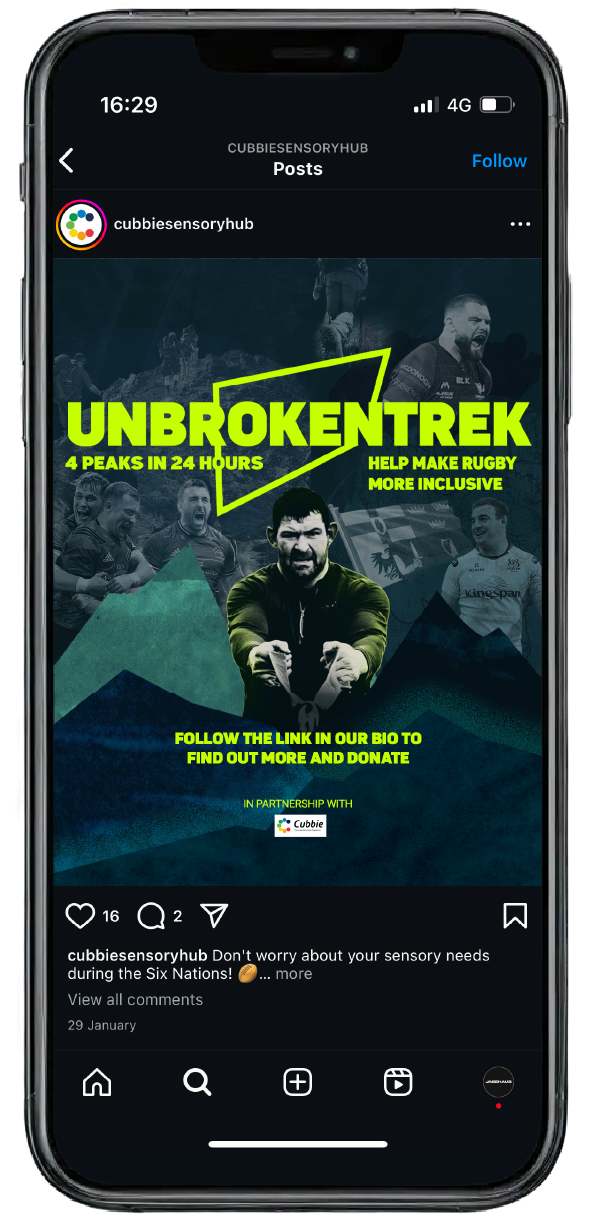 Instagram post promoting Unbroken Trek, featuring a central rugby player in action with neon-green text reading '4 Peaks in 24 Hours' and 'Help Make Rugby More Inclusive.' A call to action invites followers to donate via the bio link. The Cubbie logo appears, showing partnership.