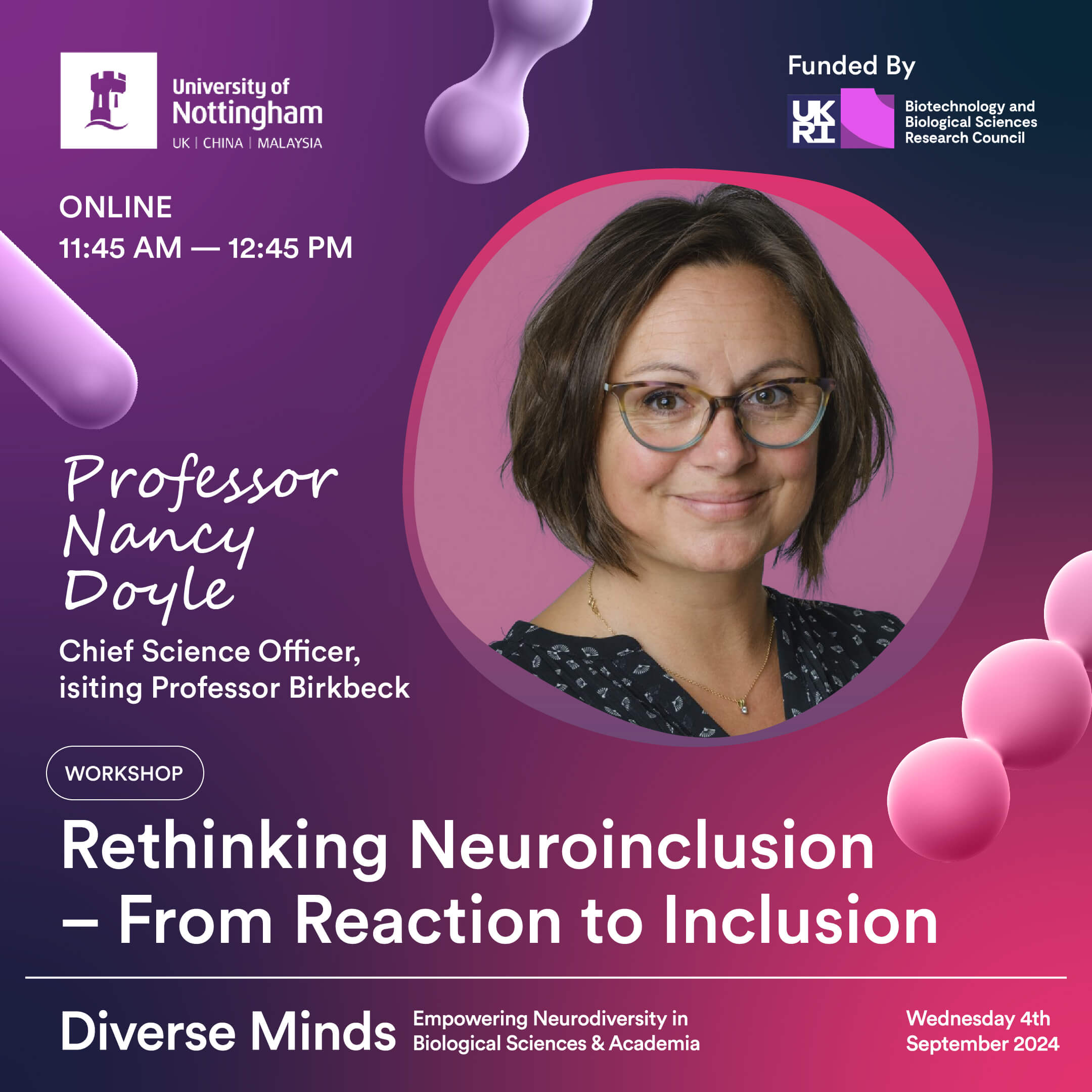 Event graphic featuring Professor Nancy Doyle, promoting her workshop on 'Rethinking Neuroinclusion – From Reaction to Inclusion' at the Diverse Minds event. Background includes pink and purple bubble graphics.