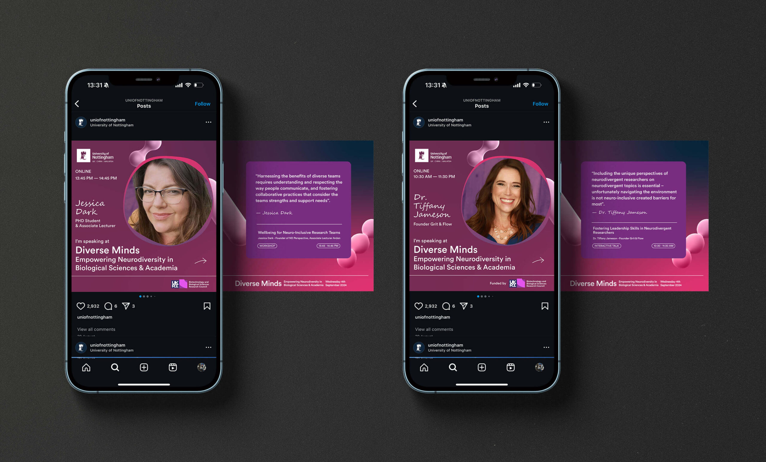 Two smartphones displaying Instagram posts for the Diverse Minds event. Left: Jessica Dark's session on 'Wellbeing for Neuro-Inclusive Research Teams.' Right: Dr. Tiffany Jameson's session on 'Fostering Leadership Skills in Neurodivergent Researchers.' Background includes pink and purple bubble graphics.