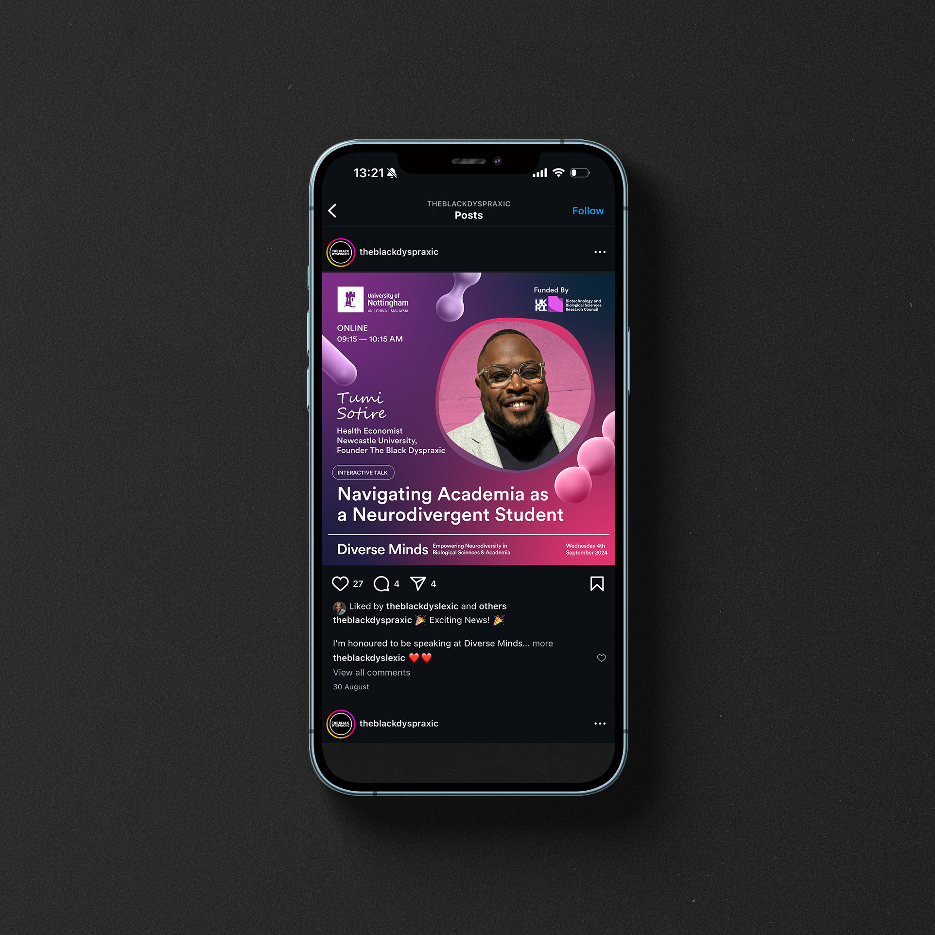 Smartphone displaying an Instagram post featuring Tumi Sotire's talk titled 'Navigating Academia as a Neurodivergent Student' as part of the Diverse Minds event, with pink bubble graphics and event details.