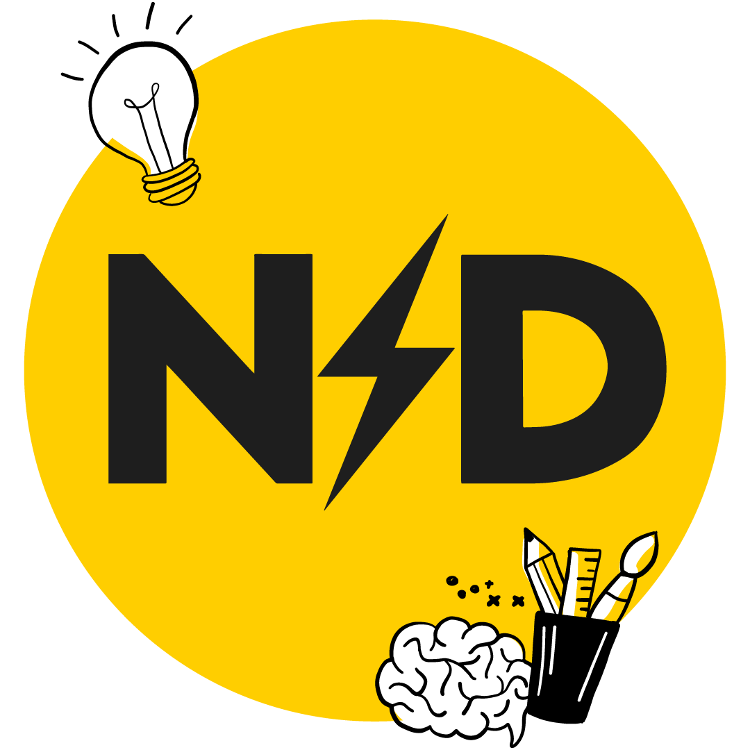 A bold yellow circle with 'N' and 'D' in large black letters, separated by a lightning bolt. Around the circle, doodle-style icons include a light bulb, a brain, and art tools, symbolising creativity, innovation, and neurodiverse thinking.