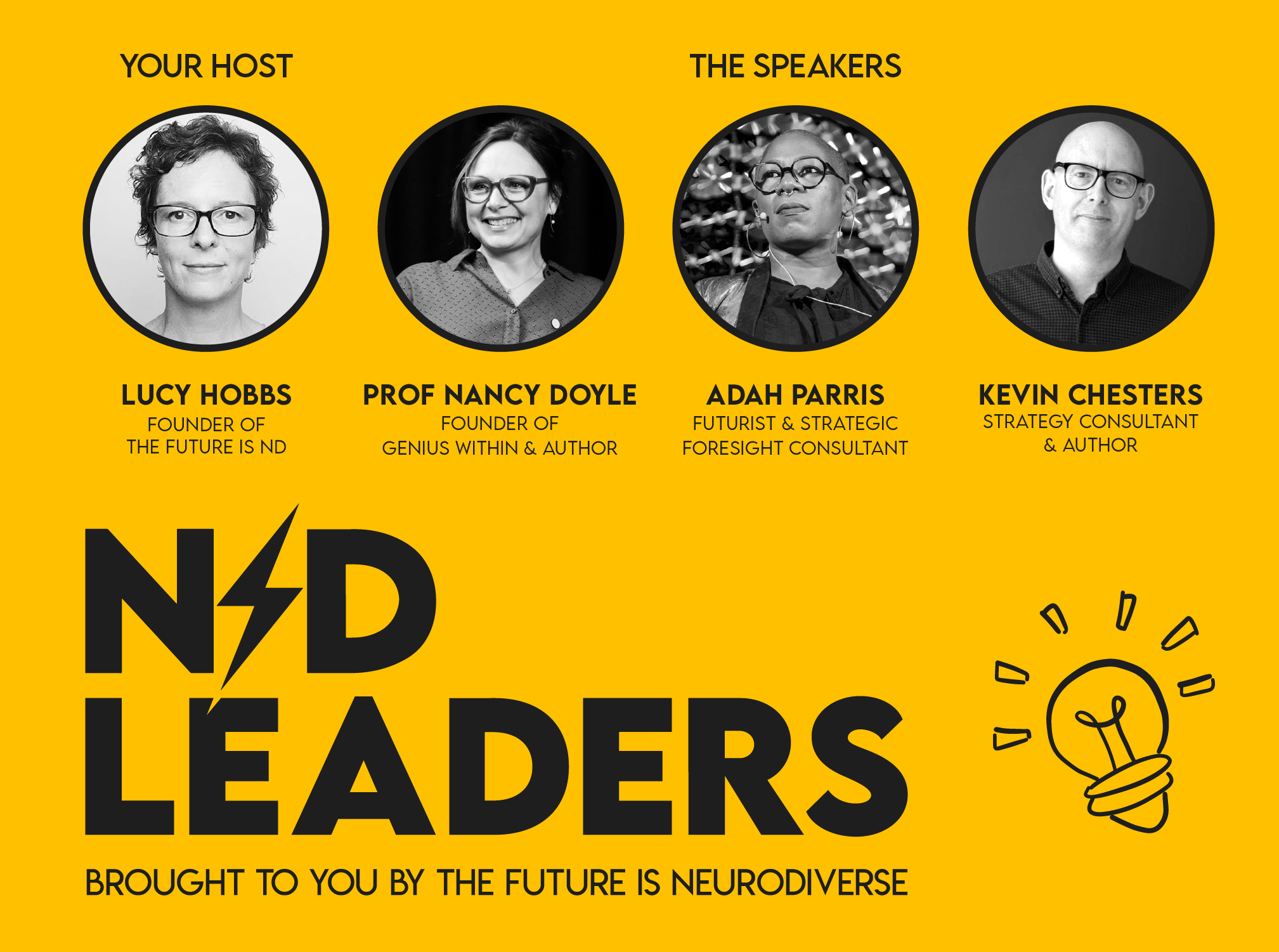 A promotional event graphic with a bold yellow background. At the top, the text reads "Your Host" with an image of Lucy Hobbs, labeled as the founder of The Future is ND. Beside it, "The Speakers" introduces three black-and-white portraits: Prof. Nancy Doyle (Founder of Genius Within & Author), Adah Parris (Futurist & Strategic Foresight Consultant), and Kevin Chesters (Strategy Consultant & Author). Below, the title "ND Leaders" is prominently displayed with a lightning bolt design. The tagline at the bottom reads, "Brought to you by The Future is Neurodiverse," accompanied by a light bulb illustration on the right.